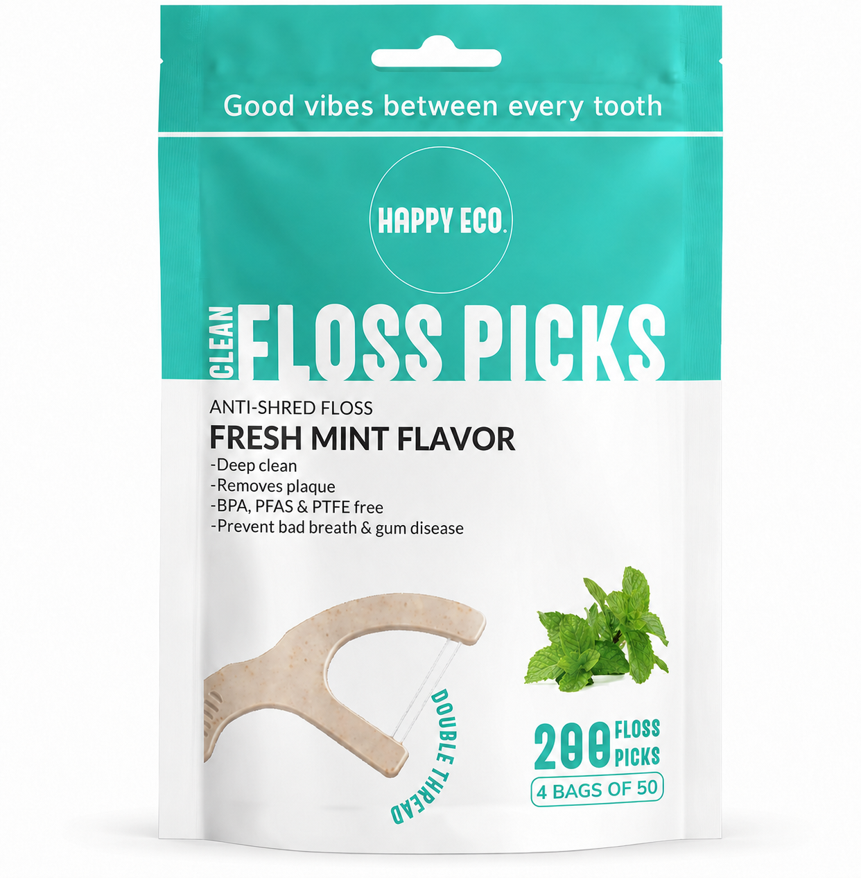 Happy Eco Mint Double Floss Picks bag